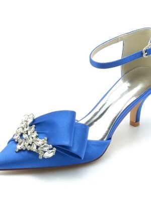 Elegant Satin Rhinestone Pointed Toe Low Heel Ankle Strap Wedding Pumps - Image 23