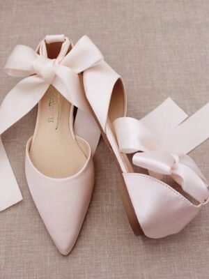 Elegant Satin Ribbon Tie Ivory Pointed Toe Ballet Flats - Image 3