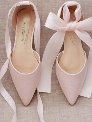 Elegant Satin Ribbon Tie Ivory Pointed Toe Ballet Flats - Image 4