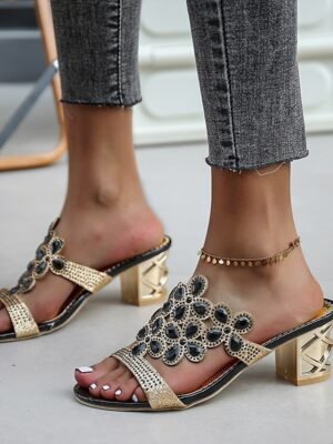 Elegant Sexy Rhinestone Block Heel Satin Mules - Image 10