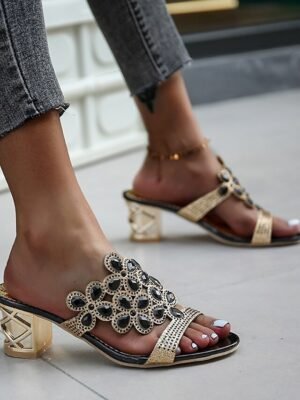 Elegant Sexy Rhinestone Block Heel Satin Mules - Image 14