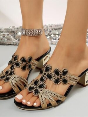 Elegant Sexy Rhinestone Block Heel Satin Mules - Image 3