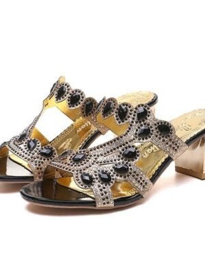 Elegant Sexy Rhinestone Block Heel Satin Mules - Image 5