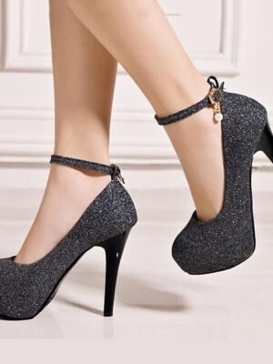 Elegant Silver Glitter Platform Stiletto Heels with Ankle Strap - Image 2