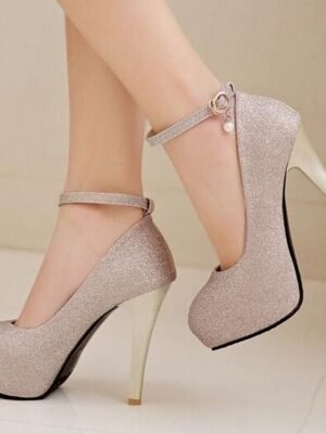 Elegant Silver Glitter Platform Stiletto Heels with Ankle Strap - Image 3