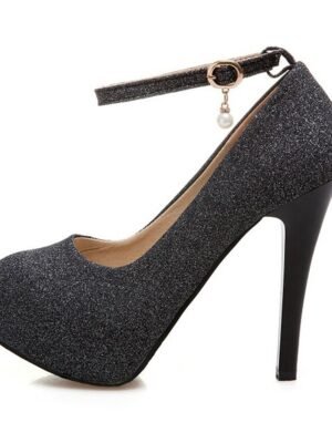 Elegant Silver Glitter Platform Stiletto Heels with Ankle Strap - Image 7