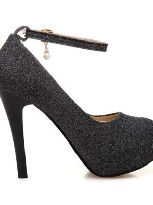 Elegant Silver Glitter Platform Stiletto Heels with Ankle Strap - Image 9