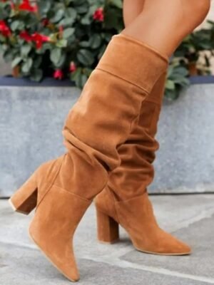 Elegant Slouchy Gray Knee-High Pointed Toe Block Heels Boots - Image 5