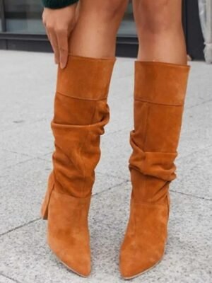 Elegant Slouchy Gray Knee-High Pointed Toe Block Heels Boots - Image 6