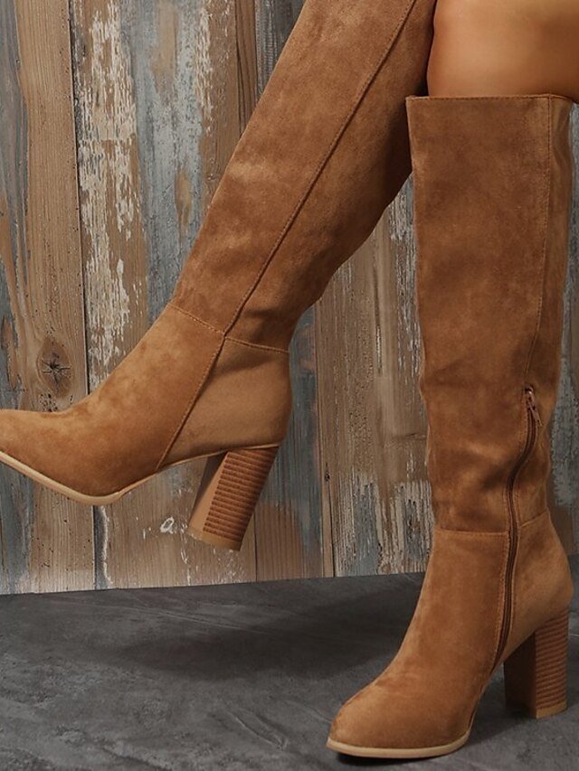 Elegant Suede Knee High Block Heel Boots - Image 1