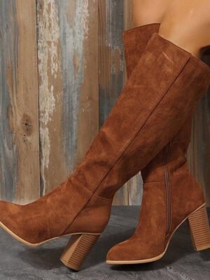 Elegant Suede Knee High Block Heel Boots - Image 4