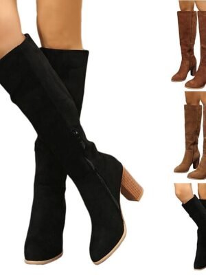 Elegant Suede Knee High Block Heel Boots - Image 9
