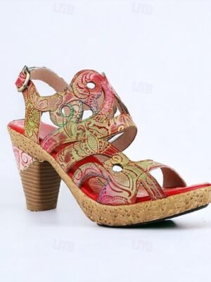 Elegant Vintage Floral Buckle Cone Heel Sandals - Image 2