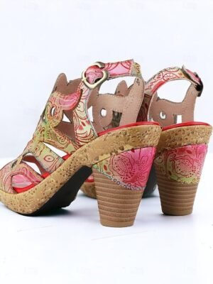 Elegant Vintage Floral Buckle Cone Heel Sandals - Image 4