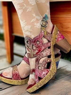 Elegant Vintage Floral Buckle Cone Heel Sandals - Image 7