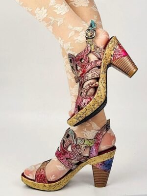 Elegant Vintage Floral Buckle Cone Heel Sandals - Image 9