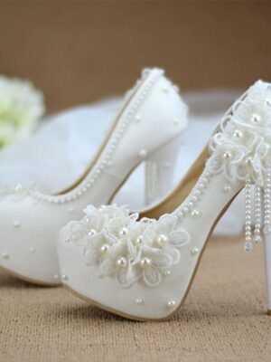Elegant Wedding Platform Lace Floral Appliqué Pearl Heels - Image 3