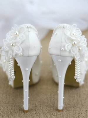 Elegant Wedding Platform Lace Floral Appliqué Pearl Heels - Image 5