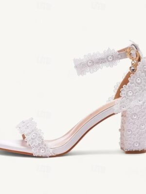 Elegant White Lace Pearl Floral Block Heel Sandals - Image 4