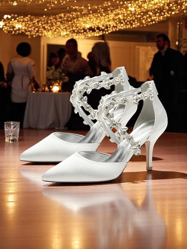 Elegant White Satin Crystal Strap Pointed Toe Heels - Image 1