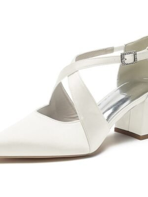 Elegant White Satin Pointed Toe Block Heel Wedding Shoes - Image 1