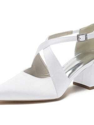 Elegant White Satin Pointed Toe Block Heel Wedding Shoes - Image 11