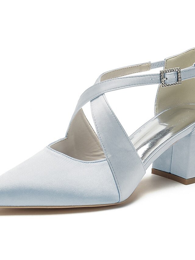 Elegant White Satin Pointed Toe Block Heel Wedding Shoes - Image 2