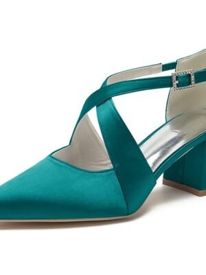 Elegant White Satin Pointed Toe Block Heel Wedding Shoes - Image 4