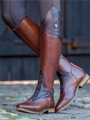 Equestrian Knee-High Colour Block Pointed Toe Faux Leather Riding Boots - Image 9