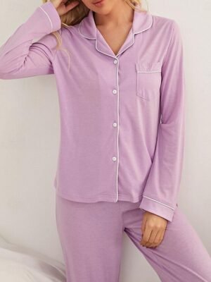 Fashion Basic Comfort Lapel Long Sleeve Shirt Pant Set - Image 2