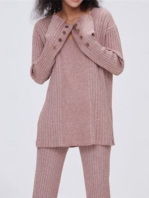 Fashion Basic V Wire Long Sleeve Knit Sweater Pant Set - Image 5