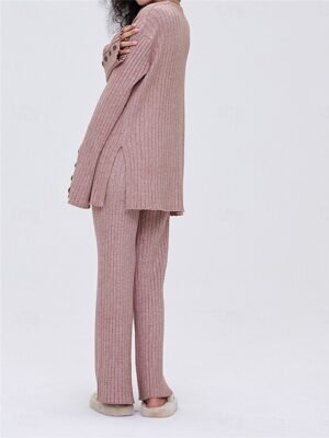 Fashion Basic V Wire Long Sleeve Knit Sweater Pant Set - Image 7