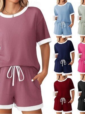 Fashion Casual Patchwork Crew Neck Short Sleeve Loungewear Set - Image 1