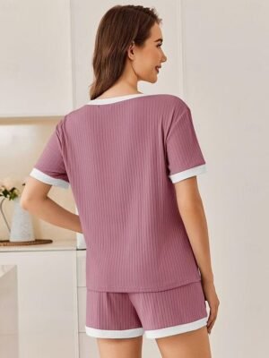 Fashion Casual Patchwork Crew Neck Short Sleeve Loungewear Set - Image 11