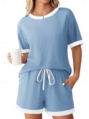 Fashion Casual Patchwork Crew Neck Short Sleeve Loungewear Set - Image 4