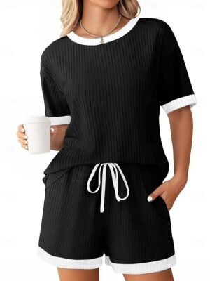 Fashion Casual Patchwork Crew Neck Short Sleeve Loungewear Set - Image 7