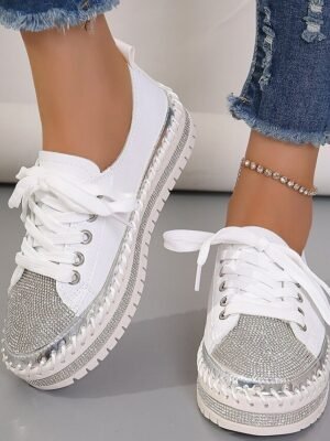 Fashion Casual Rhinestone Round Toe Lace-up Flat Heel Sneakers - Image 1