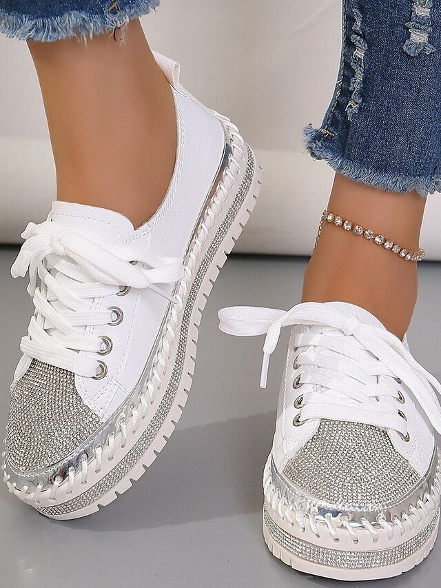 Fashion Casual Rhinestone Round Toe Lace-up Flat Heel Sneakers - Image 1
