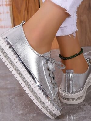 Fashion Casual Rhinestone Round Toe Lace-up Flat Heel Sneakers - Image 10