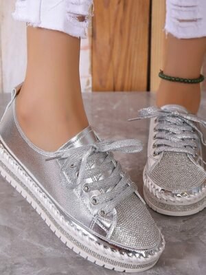 Fashion Casual Rhinestone Round Toe Lace-up Flat Heel Sneakers - Image 12