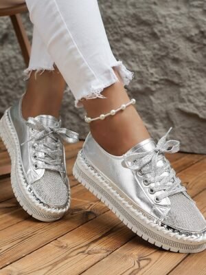 Fashion Casual Rhinestone Round Toe Lace-up Flat Heel Sneakers - Image 13