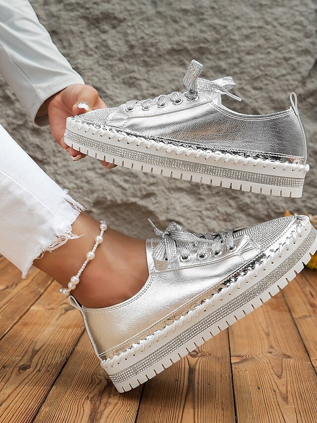 Fashion Casual Rhinestone Round Toe Lace-up Flat Heel Sneakers - Image 14