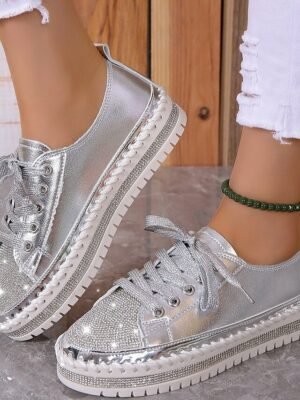 Fashion Casual Rhinestone Round Toe Lace-up Flat Heel Sneakers - Image 15