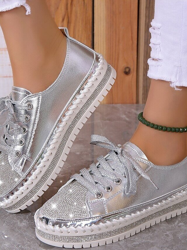 Fashion Casual Rhinestone Round Toe Lace-up Flat Heel Sneakers - Image 15