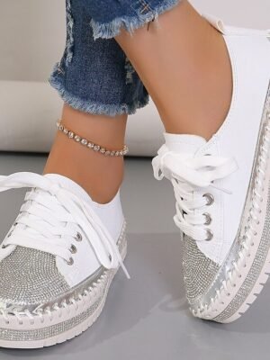 Fashion Casual Rhinestone Round Toe Lace-up Flat Heel Sneakers - Image 2