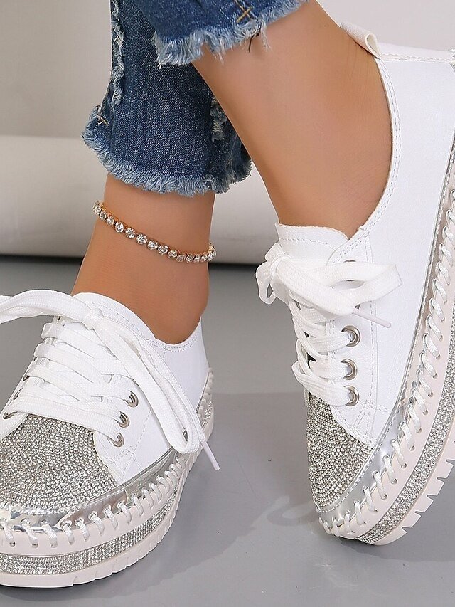 Fashion Casual Rhinestone Round Toe Lace-up Flat Heel Sneakers - Image 2