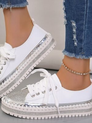 Fashion Casual Rhinestone Round Toe Lace-up Flat Heel Sneakers - Image 3