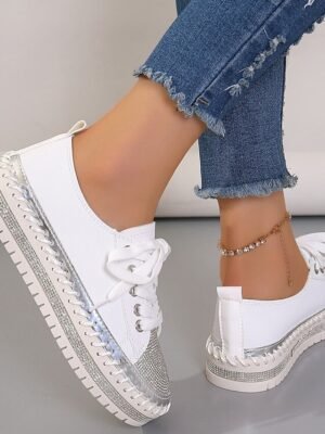 Fashion Casual Rhinestone Round Toe Lace-up Flat Heel Sneakers - Image 4