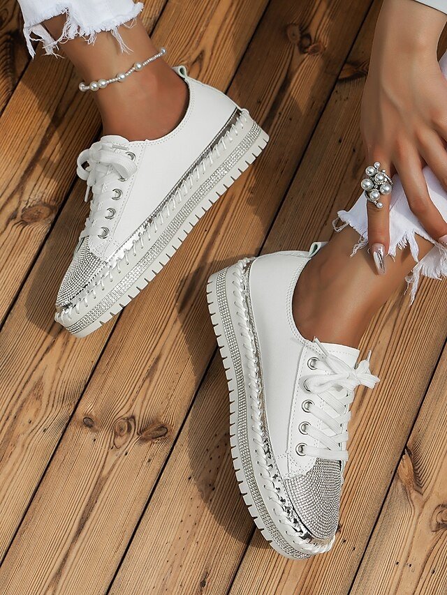 Fashion Casual Rhinestone Round Toe Lace-up Flat Heel Sneakers - Image 6