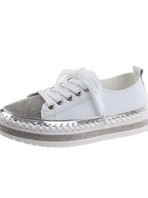 Fashion Casual Rhinestone Round Toe Lace-up Flat Heel Sneakers - Image 7